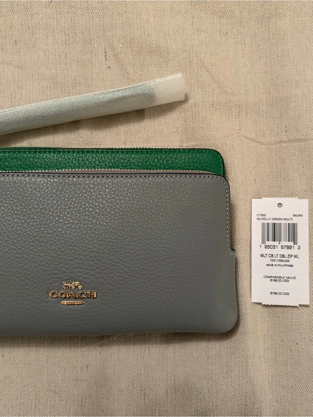 New Coach Two-Tone Pebbled Leather Zip Wallet - Gray & Kelly Green